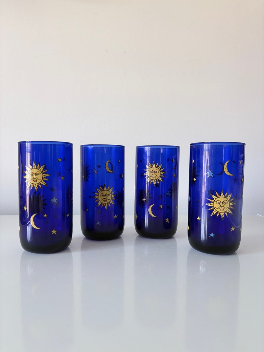 Libbey Celestial Cobalt Blue Sun Moon and Stars Tumbler Glass 14 oz 400ml Set 4